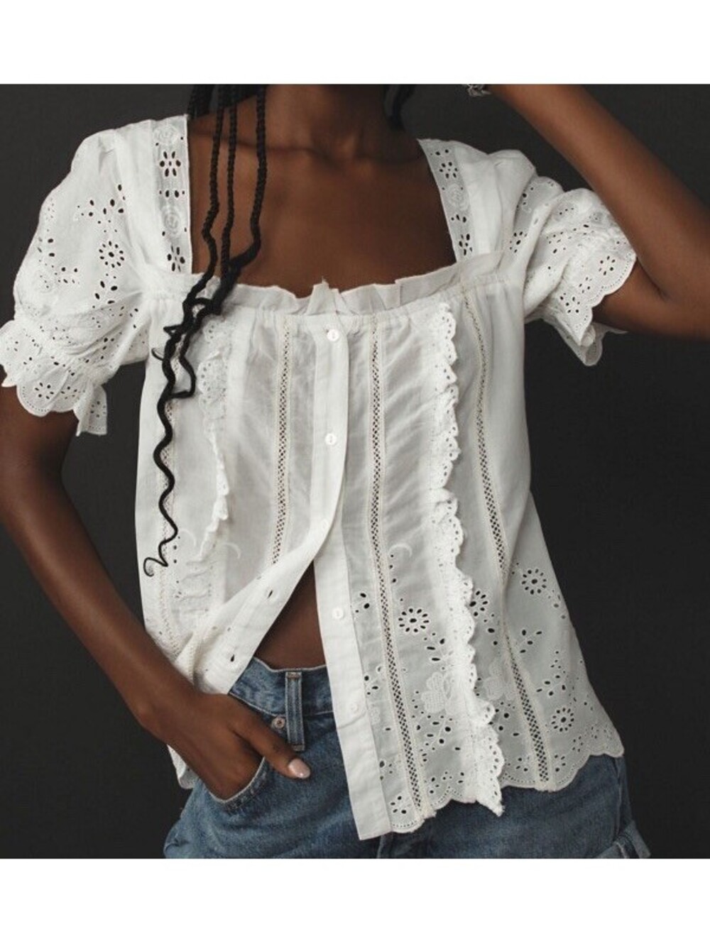 NWT Anthropologie White Puff Sleeve Eyelet 100% Cotton Top Sz XL P Whimsy Praire